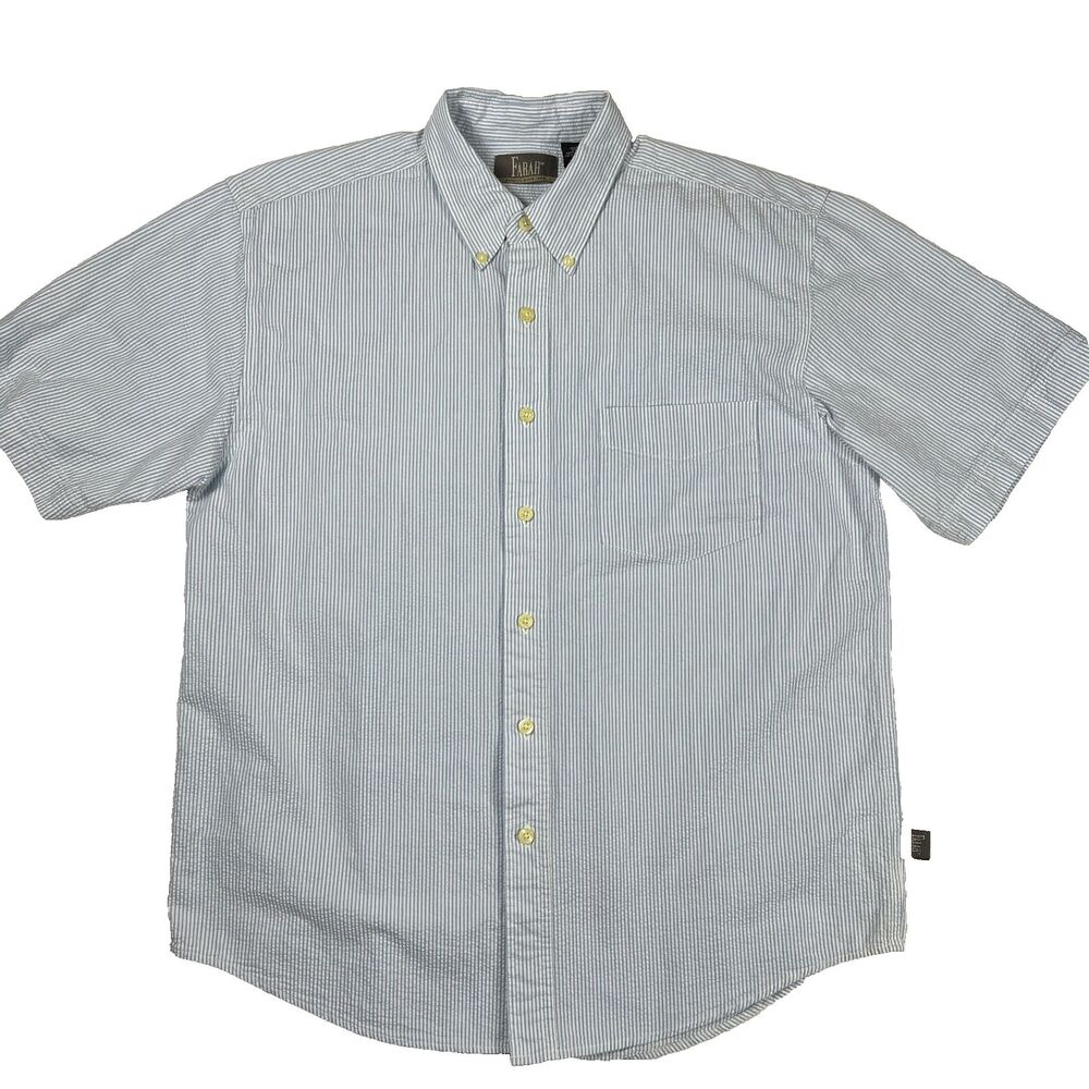 Farah Mens Seersucker Cotton Button Down Short Sleeve Shirt Blue White Stripe